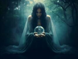 Woman telling from a crystal ball dressed as a mysterious fortune teller AI Generative photo