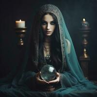 Woman telling from a crystal ball dressed as a mysterious fortune teller AI Generative photo