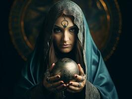 Woman telling from a crystal ball dressed as a mysterious fortune teller AI Generative photo