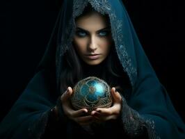 Woman telling from a crystal ball dressed as a mysterious fortune teller AI Generative photo