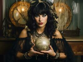 Woman telling from a crystal ball dressed as a mysterious fortune teller AI Generative photo