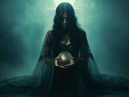 mujer narración desde un cristal pelota vestido como un misterioso fortuna cajero ai generativo foto