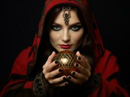 Woman telling from a crystal ball dressed as a mysterious fortune teller AI Generative photo