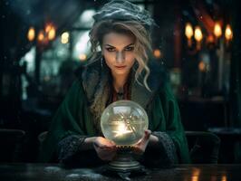 Woman telling from a crystal ball dressed as a mysterious fortune teller AI Generative photo