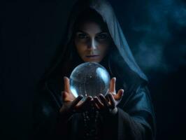 Woman telling from a crystal ball dressed as a mysterious fortune teller AI Generative photo