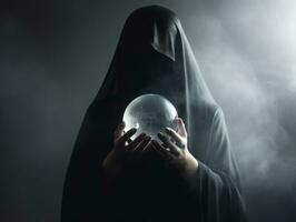 Woman telling from a crystal ball dressed as a mysterious fortune teller AI Generative photo