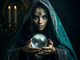 Woman telling from a crystal ball dressed as a mysterious fortune teller AI Generative photo