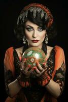 Woman telling from a crystal ball dressed as a mysterious fortune teller AI Generative photo