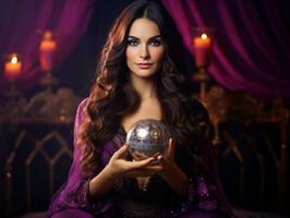 Woman telling from a crystal ball dressed as a mysterious fortune teller AI Generative photo