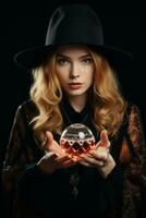 Woman telling from a crystal ball dressed as a mysterious fortune teller AI Generative photo