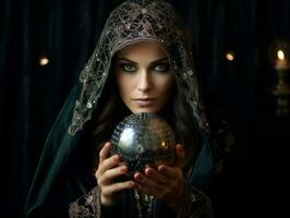 Woman telling from a crystal ball dressed as a mysterious fortune teller AI Generative photo