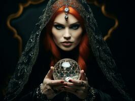 Woman telling from a crystal ball dressed as a mysterious fortune teller AI Generative photo