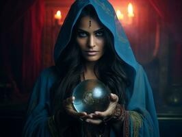 Woman telling from a crystal ball dressed as a mysterious fortune teller AI Generative photo