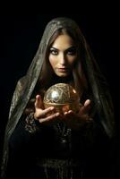 Woman telling from a crystal ball dressed as a mysterious fortune teller AI Generative photo