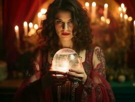 Woman telling from a crystal ball dressed as a mysterious fortune teller AI Generative photo