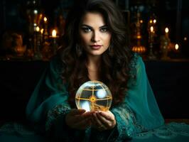 Woman telling from a crystal ball dressed as a mysterious fortune teller AI Generative photo