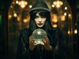 Woman telling from a crystal ball dressed as a mysterious fortune teller AI Generative photo