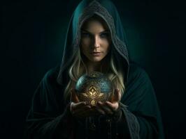 Woman telling from a crystal ball dressed as a mysterious fortune teller AI Generative photo