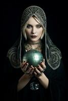 Woman telling from a crystal ball dressed as a mysterious fortune teller AI Generative photo