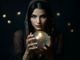 Woman telling from a crystal ball dressed as a mysterious fortune teller AI Generative photo