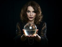 Woman telling from a crystal ball dressed as a mysterious fortune teller AI Generative photo