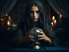 Woman telling from a crystal ball dressed as a mysterious fortune teller AI Generative photo