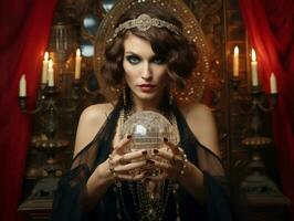 Woman telling from a crystal ball dressed as a mysterious fortune teller AI Generative photo