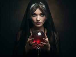 Woman telling from a crystal ball dressed as a mysterious fortune teller AI Generative photo