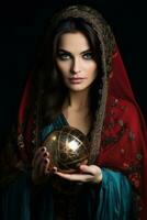 Woman telling from a crystal ball dressed as a mysterious fortune teller AI Generative photo