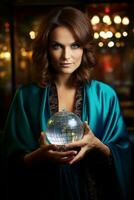 Woman telling from a crystal ball dressed as a mysterious fortune teller AI Generative photo