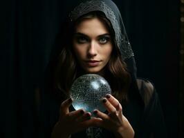 Woman telling from a crystal ball dressed as a mysterious fortune teller AI Generative photo