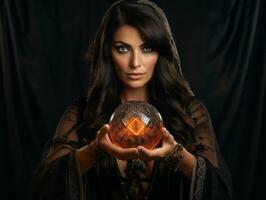 Woman telling from a crystal ball dressed as a mysterious fortune teller AI Generative photo