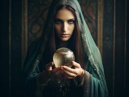 Woman telling from a crystal ball dressed as a mysterious fortune teller AI Generative photo