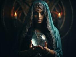 Woman telling from a crystal ball dressed as a mysterious fortune teller AI Generative photo