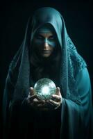 Woman telling from a crystal ball dressed as a mysterious fortune teller AI Generative photo