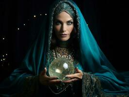 mujer narración desde un cristal pelota vestido como un misterioso fortuna cajero ai generativo foto