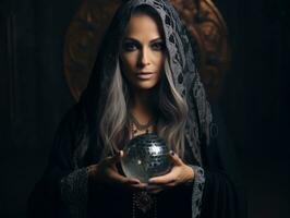 mujer narración desde un cristal pelota vestido como un misterioso fortuna cajero ai generativo foto