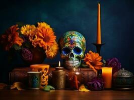 día de el muerto composición con Copiar espacio ai generativo foto