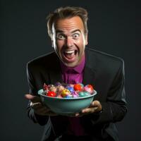 Man in Halloween costume holding a bowl of candy with mischievous grin AI Generative photo