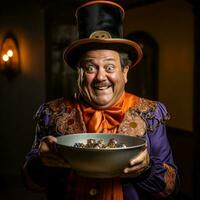 Man in Halloween costume holding a bowl of candy with mischievous grin AI Generative photo