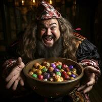 Man in Halloween costume holding a bowl of candy with mischievous grin AI Generative photo