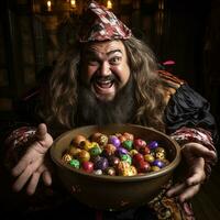 Man in Halloween costume holding a bowl of candy with mischievous grin AI Generative photo