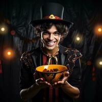 Man in Halloween costume holding a bowl of candy with mischievous grin AI Generative photo