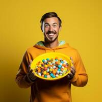 Man in Halloween costume holding a bowl of candy with mischievous grin AI Generative photo