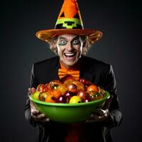 Man in Halloween costume holding a bowl of candy with mischievous grin AI Generative photo