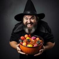 Man in Halloween costume holding a bowl of candy with mischievous grin AI Generative photo