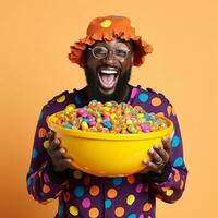 Man in Halloween costume holding a bowl of candy with mischievous grin AI Generative photo
