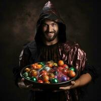 Man in Halloween costume holding a bowl of candy with mischievous grin AI Generative photo