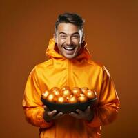 Man in Halloween costume holding a bowl of candy with mischievous grin AI Generative photo