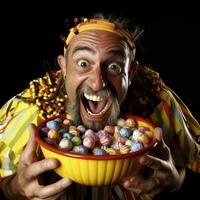 Man in Halloween costume holding a bowl of candy with mischievous grin AI Generative photo